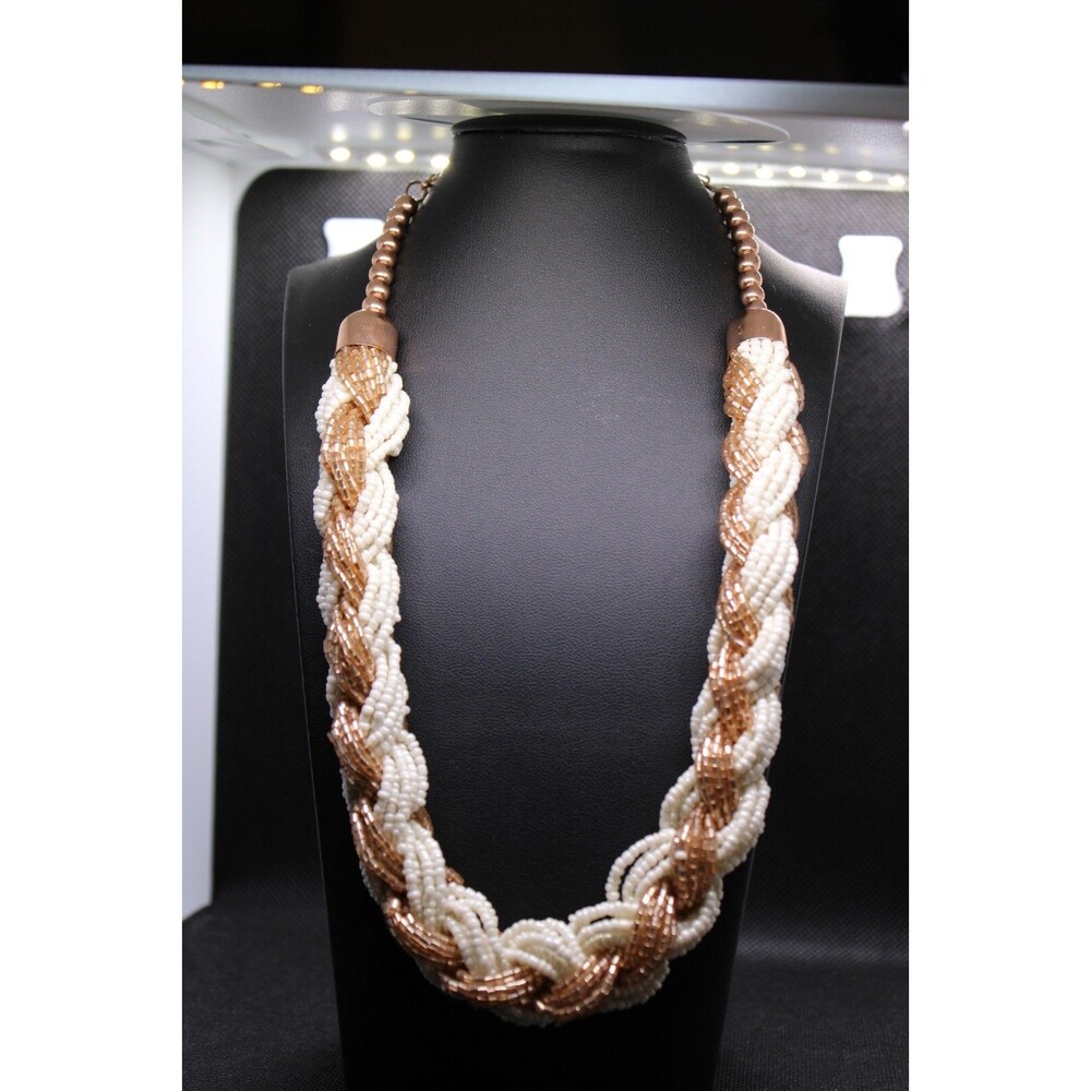 Seed Bead Braided White and Matte Gold  Necklace Adjustable 17 to 20 inches